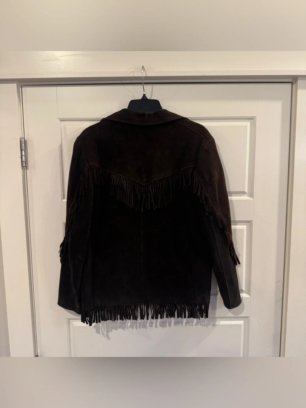 Vintage Western Bufalo Distressed Leather Jacket Fringe Made Mexico Dark Brown